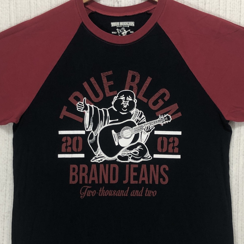 True Religion Mens Raglan Graphic T-Shirt Black Red Buddha Guitar L M40A595EQI